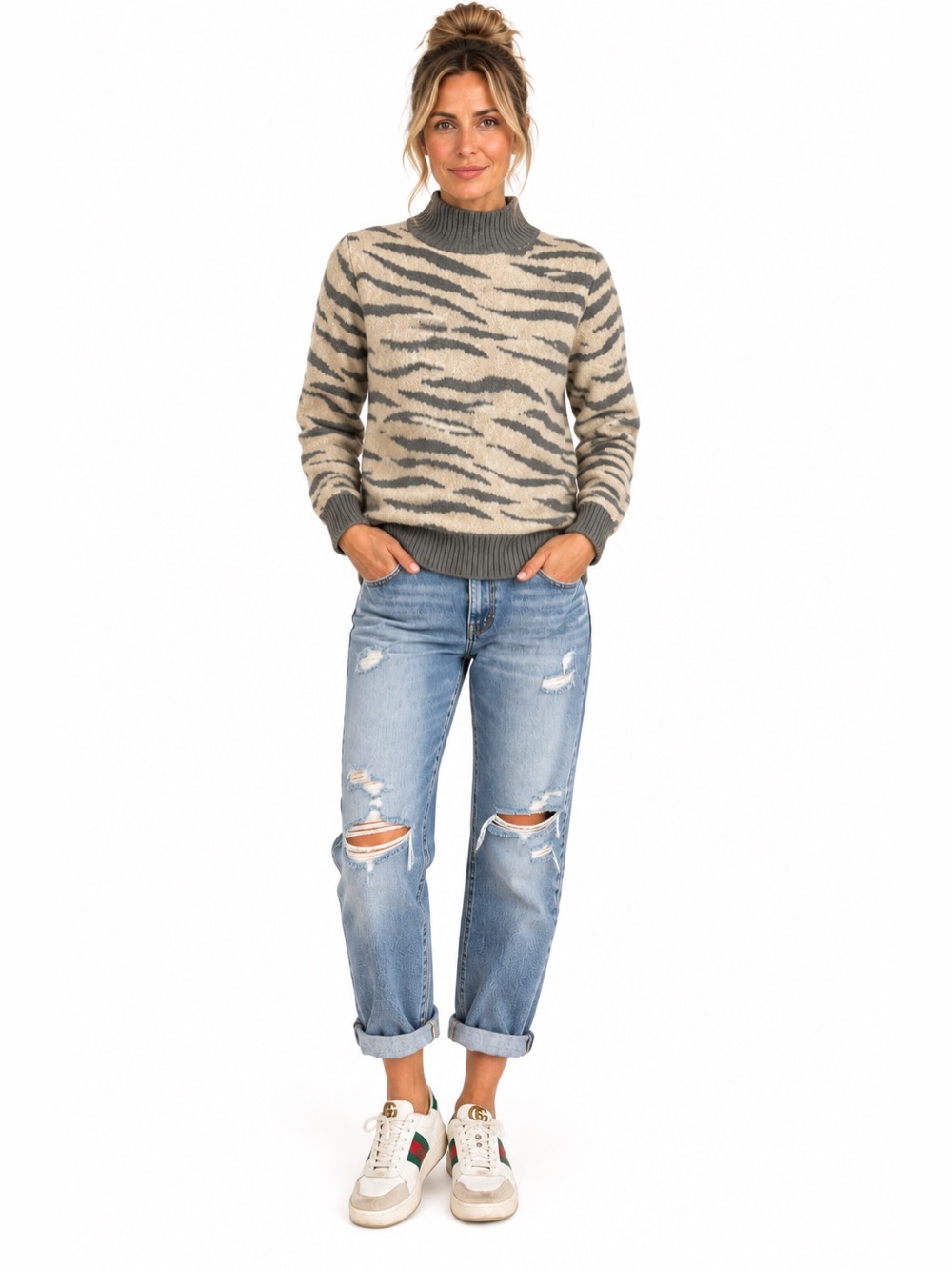 La Vie Rebecca Taylor Animal Print Wool Alpaca Mock Neck Sweater Size M